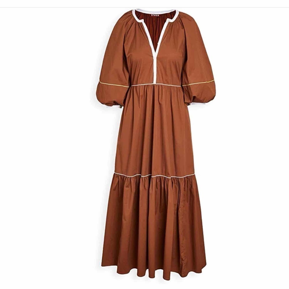 Staud Demi Tiered Cotton Blend Poplin Maxi Dress Tan White Size XS